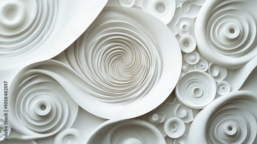 2410_044.abstract 3d spiral pattern in white, fluid wavy lines, layered curves forming circular shapes, seamless geometric background, elegant and simple texture, clean minimalism, smooth flowing
