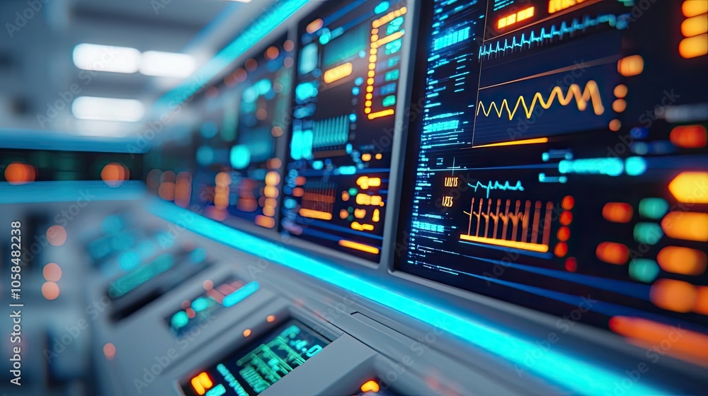 Futuristic control panel with glowing interface and data visualization elements.