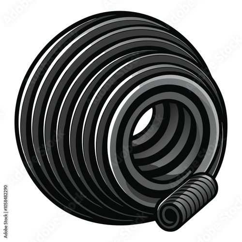 Large Coil of Black Plastic Tubing – Flexible Industrial Hose on White Background