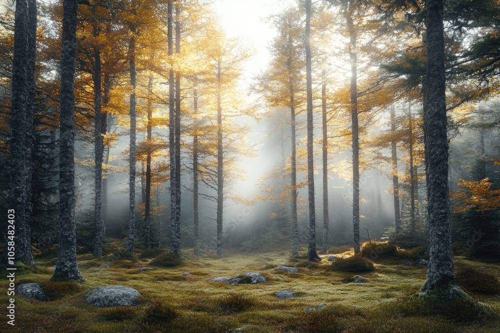 Obraz premium Golden sunlight filtering through foggy autumn forest