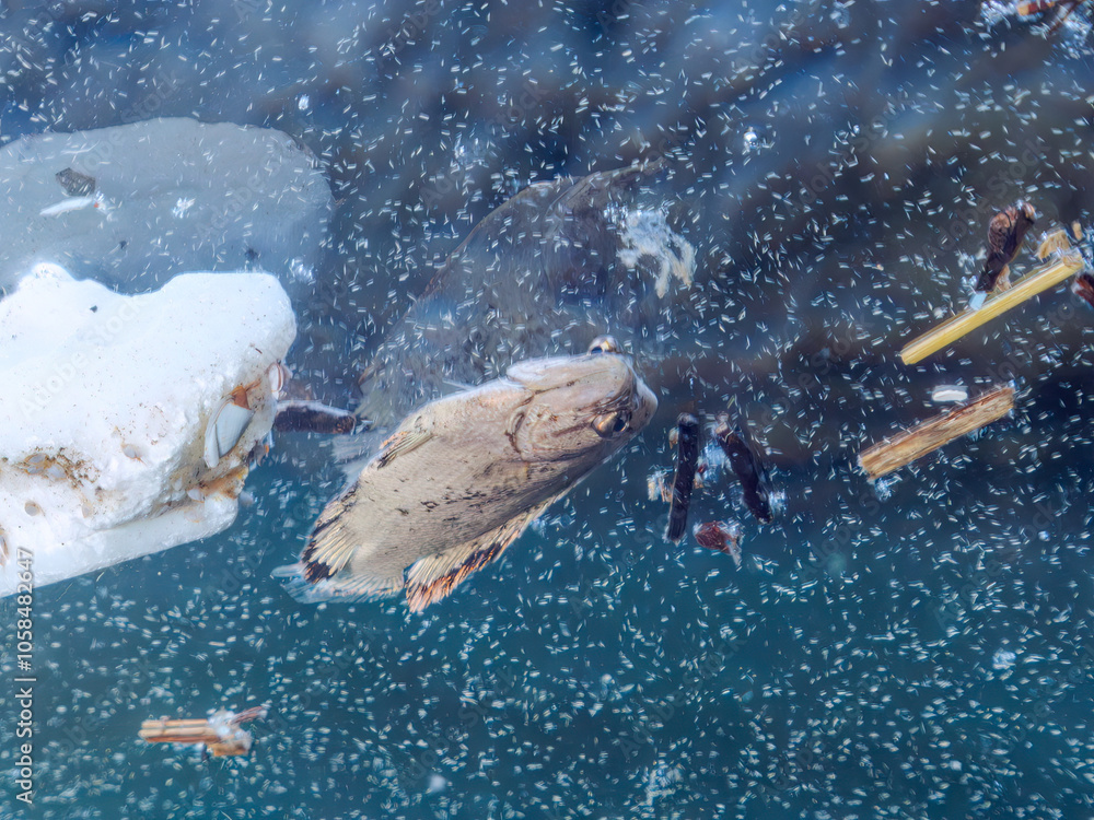 Fototapeta premium 水面を漂う、完璧な擬態をしているマツダイ（マツダイ科）。 英名学名：Tripletail, Pacific tripletail, Lobotes surinamensis 静岡県伊豆半島賀茂郡南伊豆町中木ヒリゾ浜2024年 