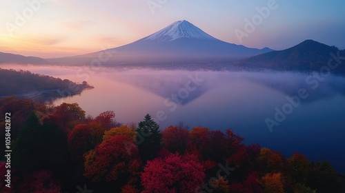 Mount fuji reflecting in lake during colorful autumn sunrise