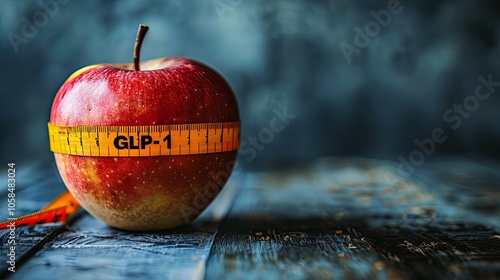 Apple Marked with 'GLP-1' on a Measuring Tape, Representing a Symbolic Commitment to Healthy Eating and Weight Loss Through Balanced Nutrition and Health Awareness