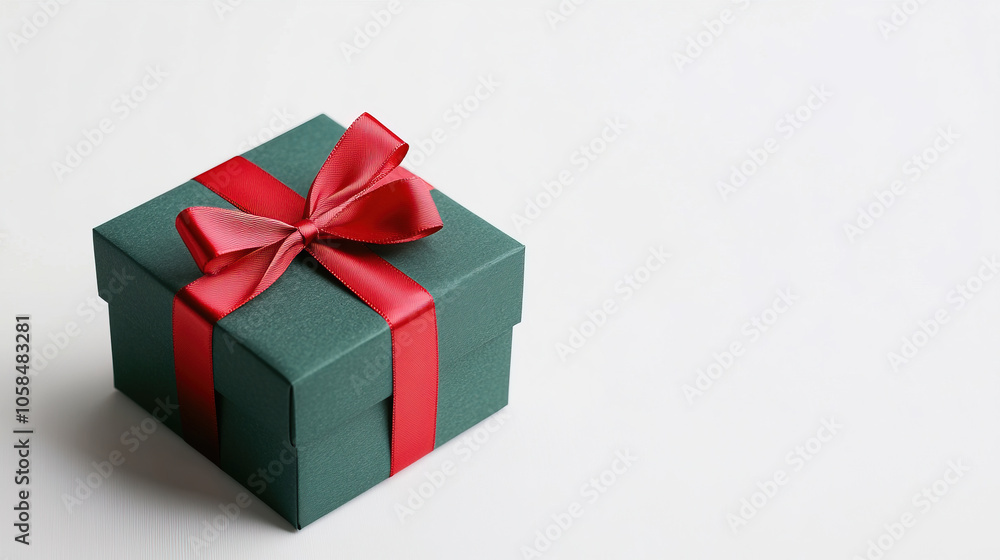 Fototapeta premium Green Gift Box with Red Ribbon on white background