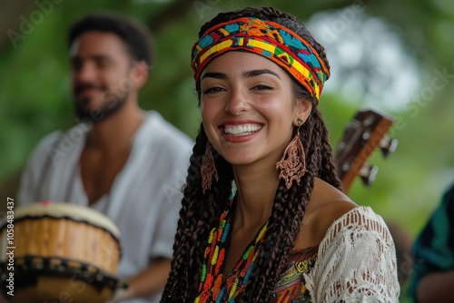 Brazilian woman smiling with traditional clothes and hairstyle playing music with friends photo