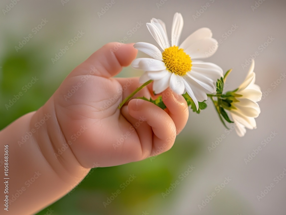 A baby's hand delicately holding a daisy, symbolizing innocence and nature's beauty. A baby's hand delicately holding a daisy, symbolizing innocence and nature's beauty.
