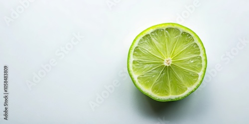 A close-up of a halved lime revealing its juicy and vibrant green interior, resting on a simple white backdrop.