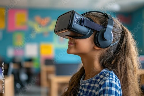 Elementary school student wearing virtual reality headset exploring metaverse in classroom