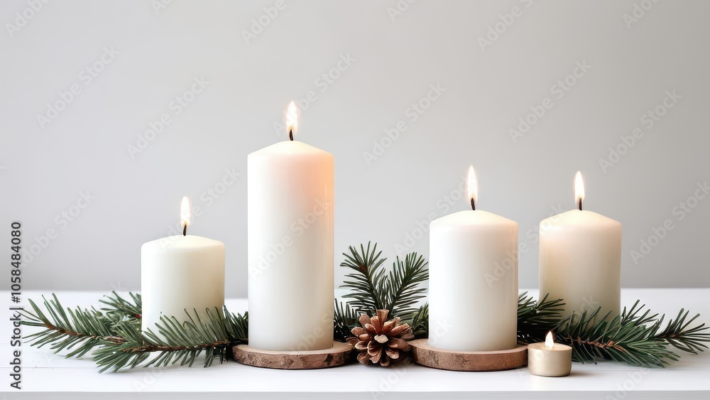Minimalist Scandinavian Christmas decor with white candles and pine branches, simple and elegant holiday design for cozy winter themes. Minimalist Scandinavian Christmas decor with white candles and pine branches, simple and elegant holiday design for cozy winter themes.