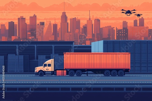 Urban Logistics: Sunset Delivery. A semi-truck carrying shipping containers is shown against the backdrop of a modern cityscape at sunset, with delivery drones in the sky.