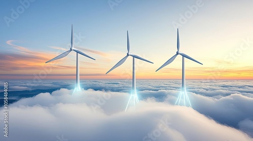 Wind turbines above the clouds at sunset, showcasing renewable energy and nature.