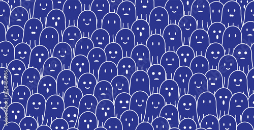 cute blue ghost doodle seamless pattern background with different face expressions, smile, sad, disappointed, happy, laughing, surprised. For halloween, horror, gift wrap
