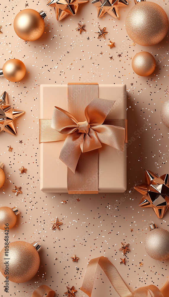 Festive Top-Down Christmas Gift Box with Ornaments and Clean Background for Text Festive Top-Down Christmas Gift Box with Ornaments and Clean Background for Text