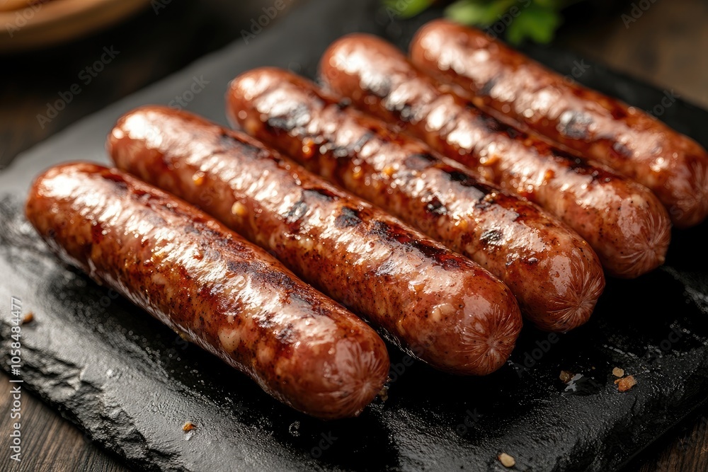 Delicious grilled sausages resting on black slate platter Delicious grilled sausages resting on black slate platter