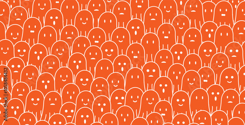 cute orange ghost doodle seamless pattern background with different face expressions, smile, sad, disappointed, happy, laughing, surprised. For halloween, horror, gift wrap