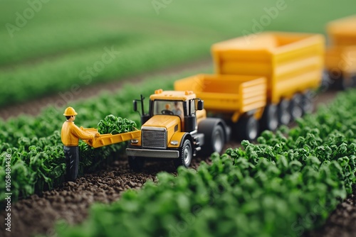 Toy Tractor Harvesting: A miniature tractor diligently harvests a field of miniature crops, highlighting the importance of agriculture, even in a playful context. photo