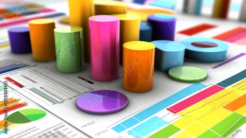 A vibrant array of colorful charts and graphs accompanied by cylindrical and circular data representations on a surface.