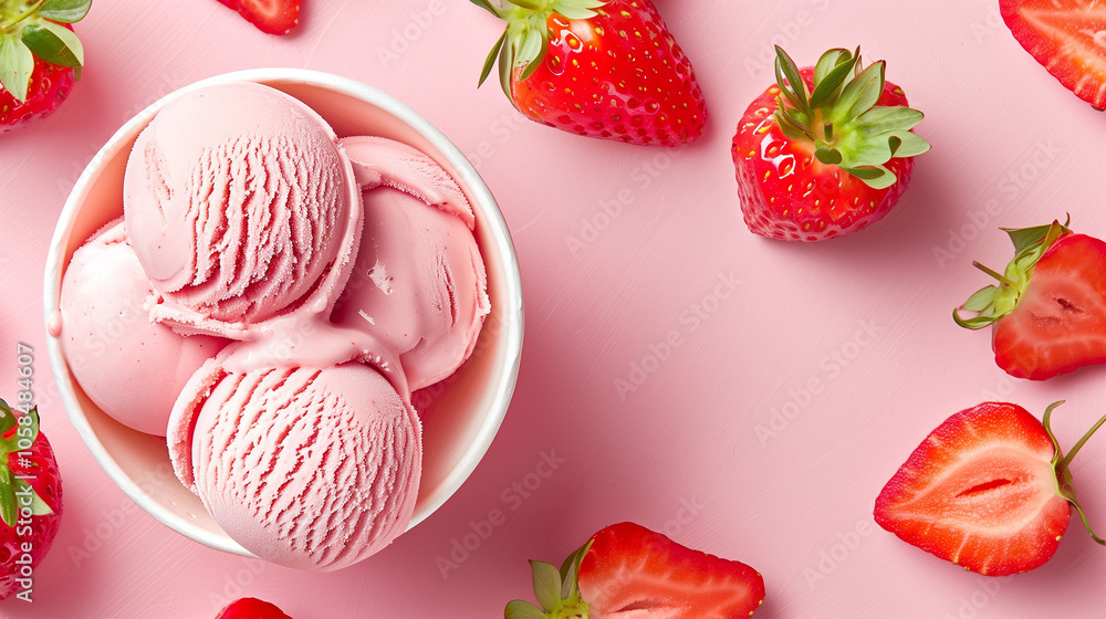 Strawberry ice cream in a bowl with fresh strawberries on a pink background Strawberry ice cream in a bowl with fresh strawberries on a pink background