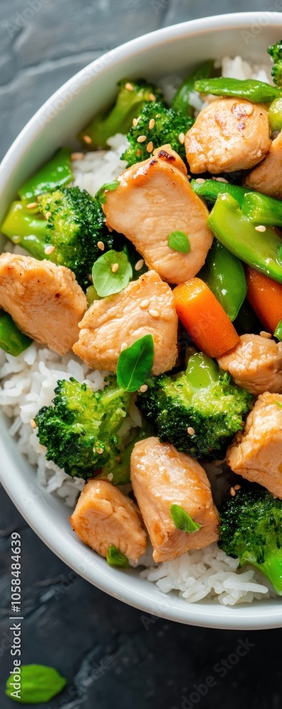 Vibrant Chicken Stir Fry with Vegetables on Rice in Bright Natural Lighting Vibrant Chicken Stir Fry with Vegetables on Rice in Bright Natural Lighting