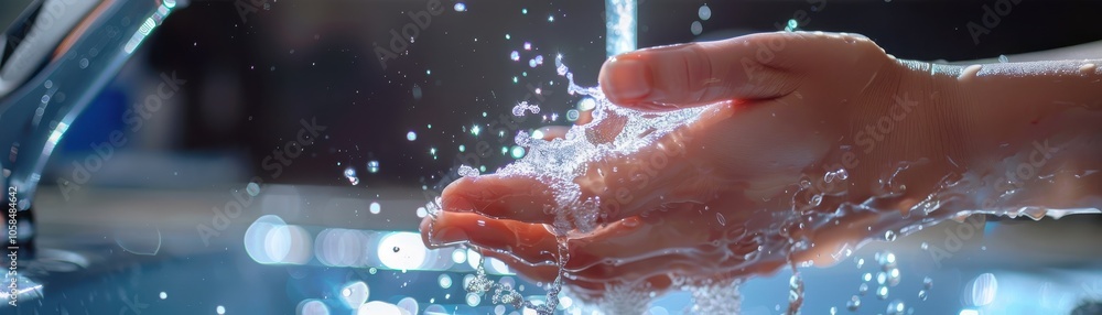 Fototapeta premium Hand under water faucet, droplets splashing, white background, symbolizing cleanliness and hygiene.