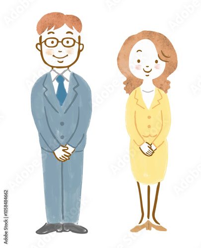スーツ姿の男女の手描きイラスト