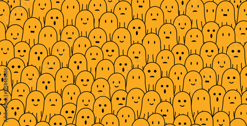 cute yellow ghost doodle seamless pattern background with different face expressions, smile, sad, disappointed, happy, laughing, surprised. For halloween, horror, gift wrap