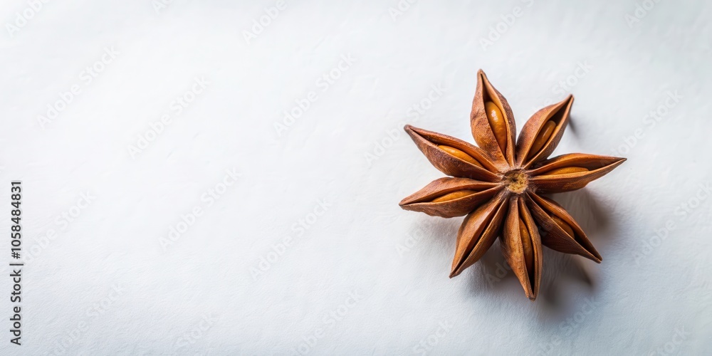 A Single Star Anise Pod with Eight Points and Visible Seeds on a White Background A Single Star Anise Pod with Eight Points and Visible Seeds on a White Background