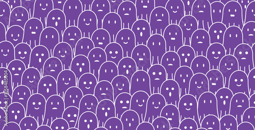 cute purple ghost doodle seamless pattern background with different face expressions, smile, sad, disappointed, happy, laughing, surprised. For halloween, horror, gift wrap