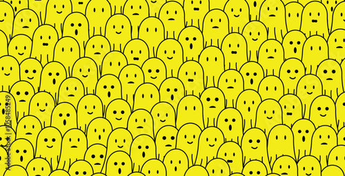 cute yellow ghost doodle seamless pattern background with different face expressions, smile, sad, disappointed, happy, laughing, surprised. For halloween, horror, gift wrap