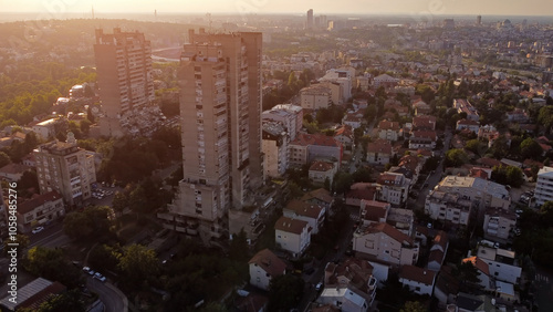 Jedinstvo concrete buildings and Vozdovac municipality, one of recognizable brutalism architecture symbols in Belgrade, capital of Serbia. photo