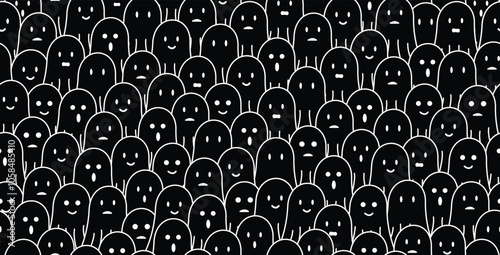 cute black ghost doodle seamless pattern background with different face expressions, smile, sad, disappointed, happy, laughing, surprised. For halloween, horror, gift wrap