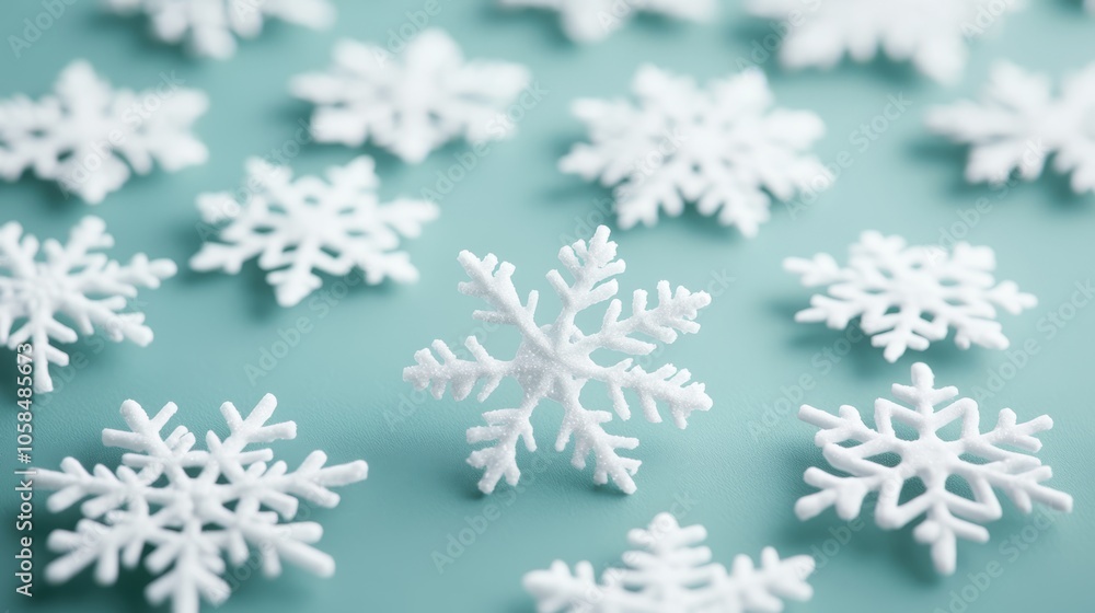 Close-Up of Delicate White Snowflakes on a Green Background Close-Up of Delicate White Snowflakes on a Green Background