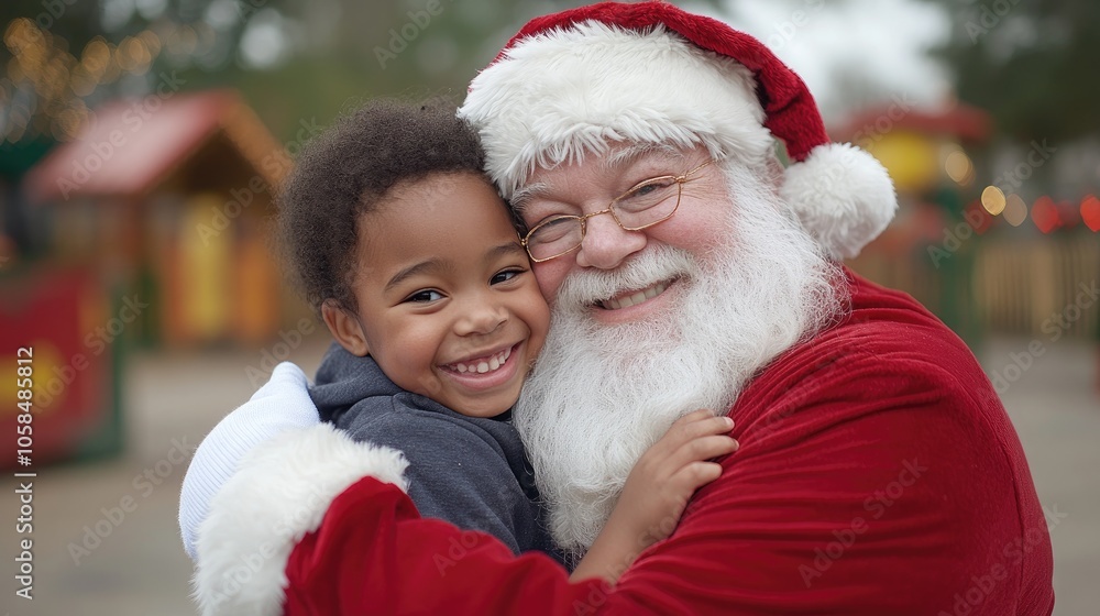 Santa claus hugging a happy child during christmas celebration Santa claus hugging a happy child during christmas celebration