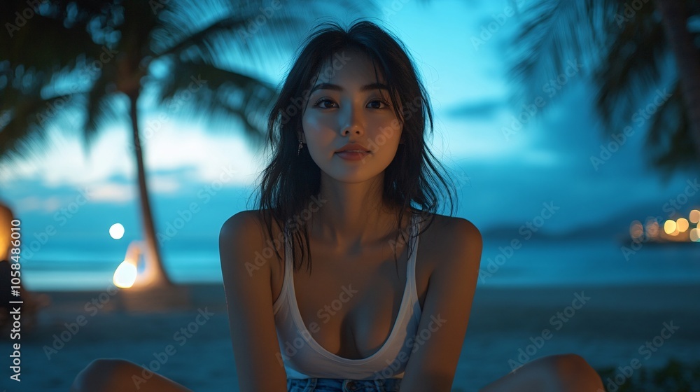 Woman Enjoying a Beach Vacation at Sunset with Coconut Trees, Relaxing on the Shore, Portrait of a Beautiful Lady Woman Enjoying a Beach Vacation at Sunset with Coconut Trees, Relaxing on the Shore, Portrait of a Beautiful Lady