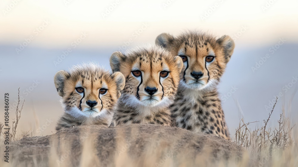Obraz premium Three baby cheetahs are standing on a rock in the wild