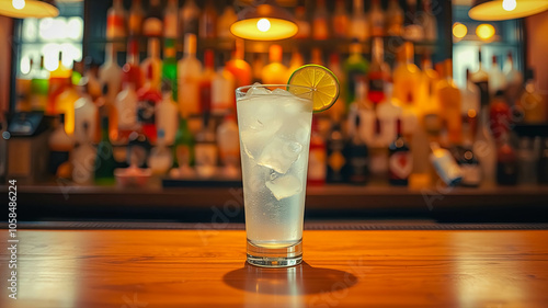 A refreshing beverage with ice and lime, resting on a wooden surface, behind a blurred background of a bar with bottles