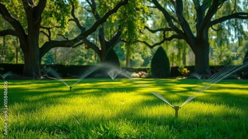Water droplets dance in the air, creating a refreshing mist over a verdant lawn, as automated sprinklers diligently nurture the lush green grass beneath the dappled shade of towering trees.