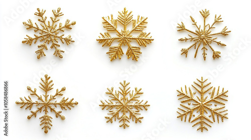 gold snow flakes in different shape on white background. one gold snow flake in each photograph