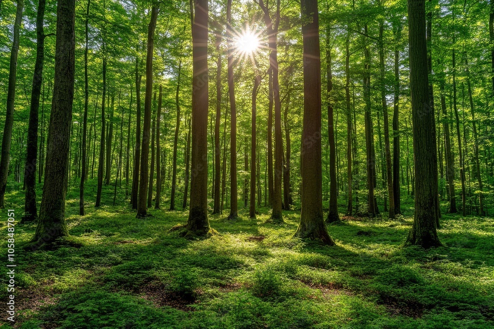 Sunlight shining through trees in green forest Sunlight shining through trees in green forest