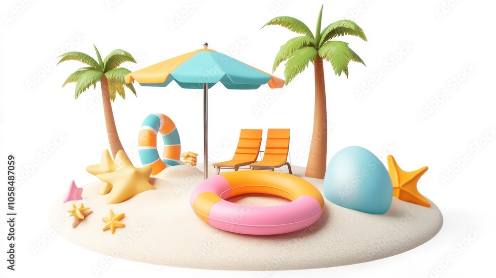 Obraz premium A vibrant beach scene featuring palm trees, lounge chairs, and colorful pool floats.
