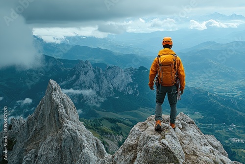 Mountaineer standing on mountain peak contemplating dramatic landscape