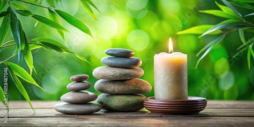 A Relaxing Zen Scene Featuring Stacked Stones and a Lit Candle on a Wooden Surface with a Green Background of Lush Foliage