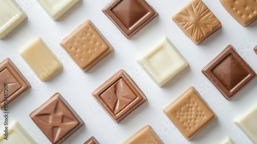 A variety of decorative chocolates arranged aesthetically on a white surface.
