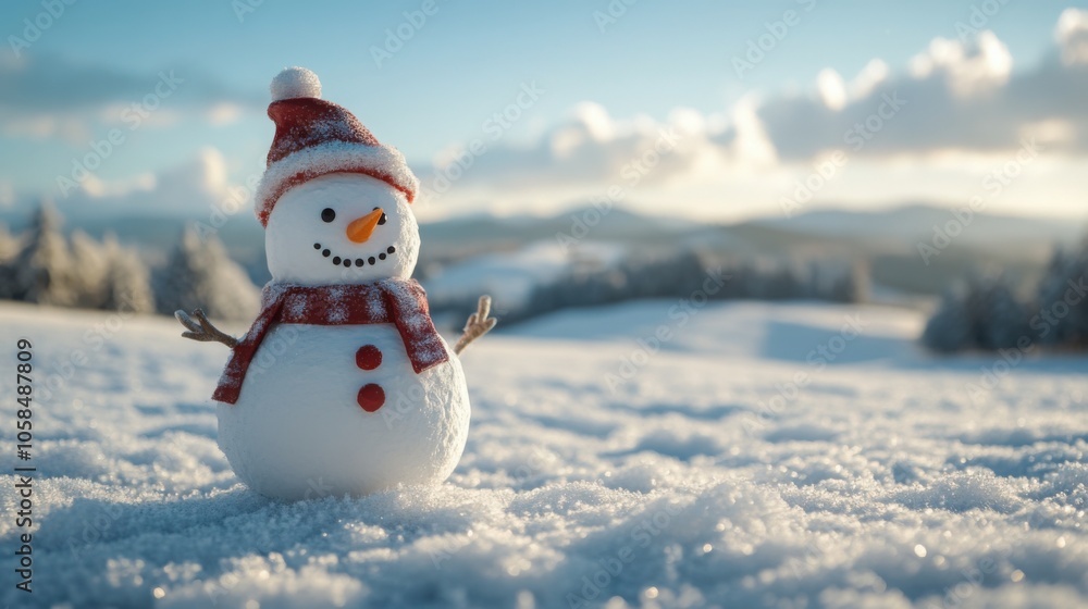 Obraz premium Snowman standing in front of a snow-covered field, with distant hills and space for text above.