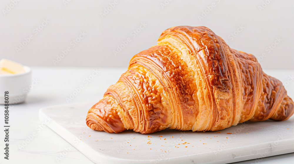 Croissant on Wooden Board with Butter Freshly Baked Pastry and Delicious Snack Croissant on Wooden Board with Butter Freshly Baked Pastry and Delicious Snack