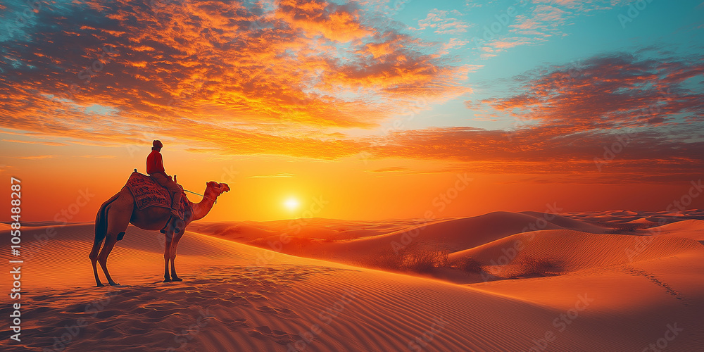 Desert sunset with a person back facing riding a Camel Desert sunset with a person back facing riding a Camel