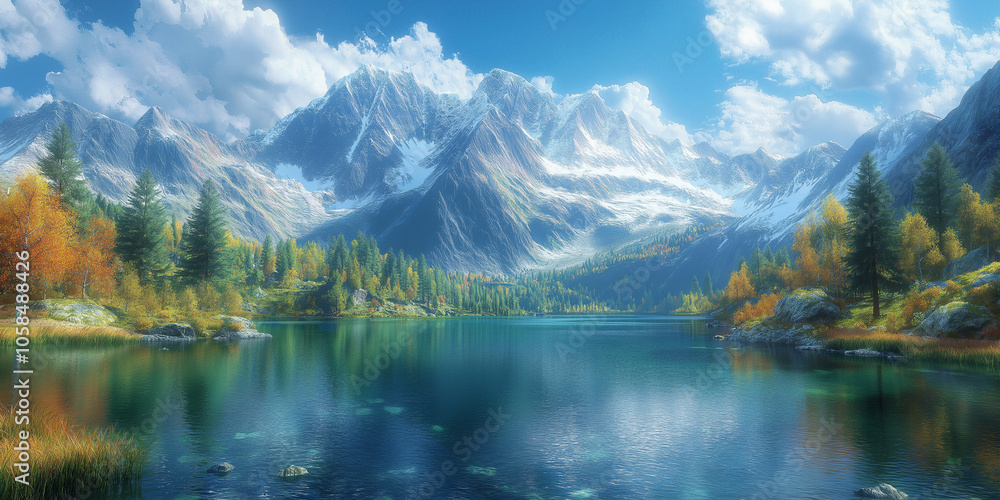 Autumn Landscape with Reflective Lake and Snow-Capped Mountains Autumn Landscape with Reflective Lake and Snow-Capped Mountains