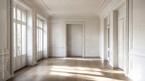 Elegant empty room interior view with white walls and hardwood flooring. Forest green home decor essentials create a serene ambiance. Mockup space available for design ideas.