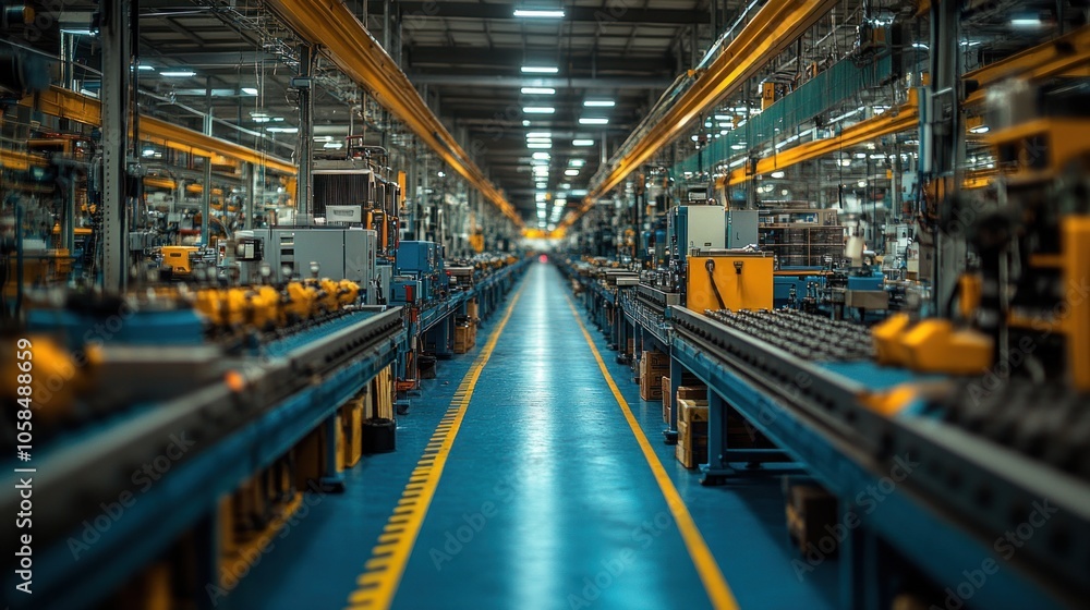 A spacious industrial factory floor with machinery and assembly lines. A spacious industrial factory floor with machinery and assembly lines.