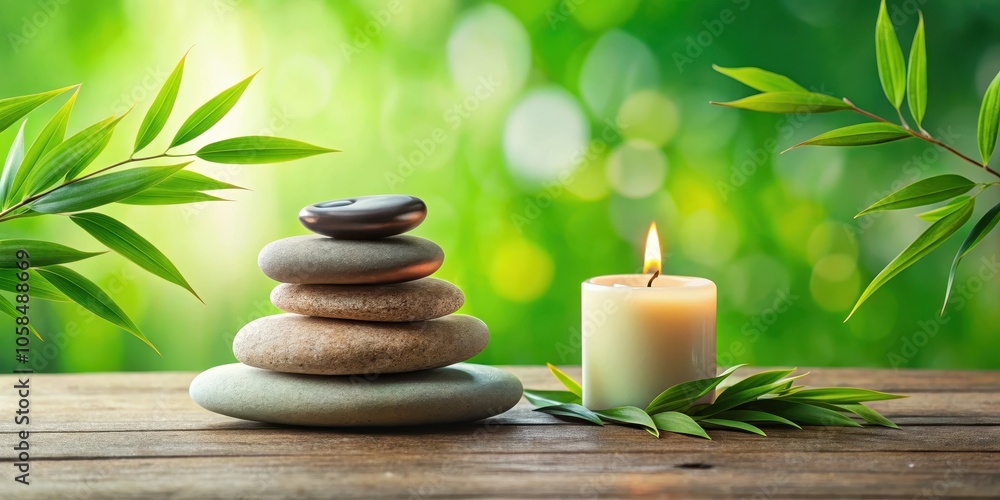 A Stack of Smooth Stones and a Burning Candle, Nestled Among Vibrant Green Leaves on a Rustic Wooden Surface, Creating a Serene and Tranquil Atmosphere A Stack of Smooth Stones and a Burning Candle, Nestled Among Vibrant Green Leaves on a Rustic Wooden Surface, Creating a Serene and Tranquil Atmosphere